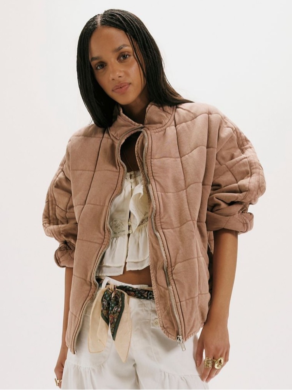 Free People Dolman Quilted Knit Jacket in Champagne Diamonds